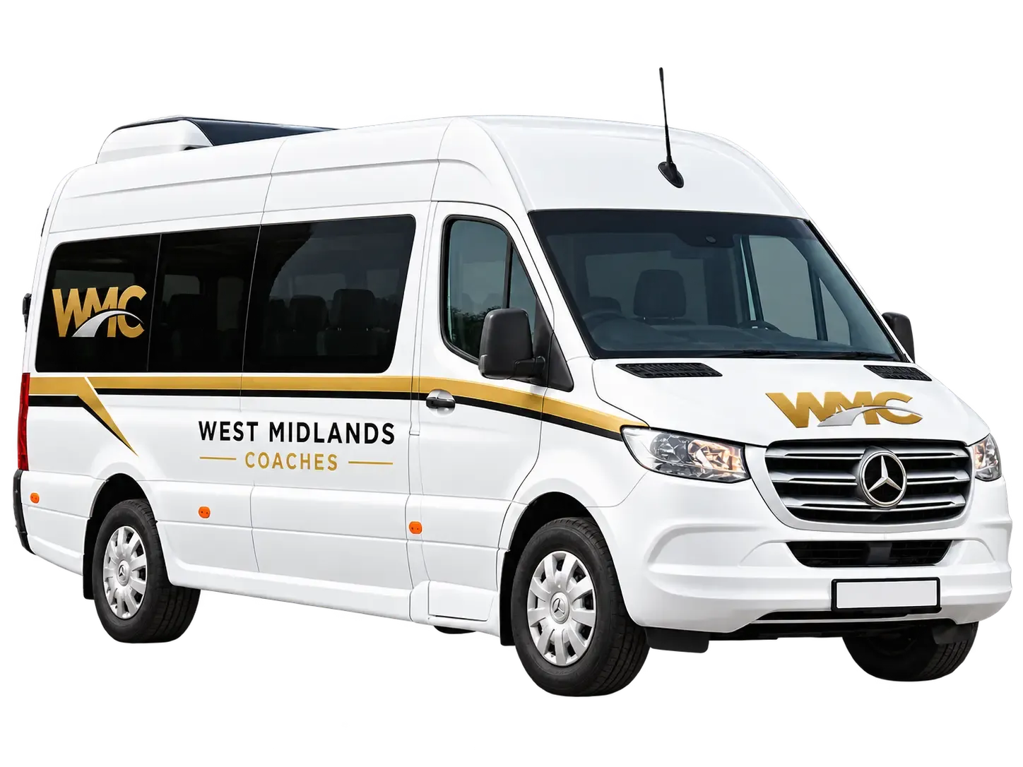 WMC Mercedes-Benz Sprinter in West Midlands Coaches livery, front three-quarter studio view with the background removed